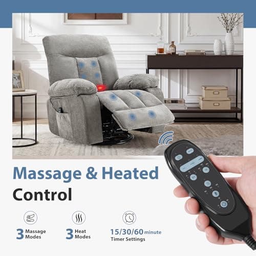 DUMOS Rocker Recliner Chair, Swivel Recliner with Vibration Massage & Lumbar Heating, 270° Rotating Chenille Fabric Recliner with footrest for Living Room & Bedroom, Grey 5