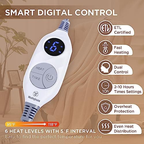 Westinghouse Heated Throw Blanket, Soft Flannel to Sherpa Electric Throw with 6 Heating Levels, 2-10 Hours Time Settings, Fast Heating, Machine Washable 50x60 Inch, Ivory 5