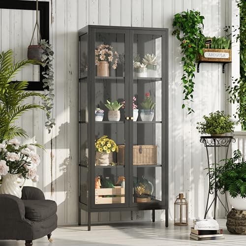 UNICOLY Glass Display Cabinet 4-Tier, Display Cabinet with Glass Doors, Curio Cabinet with Tempered Glasses Doors,Metal Storage Cabinets for Living Room, Plant, Assembly Required, Black 9