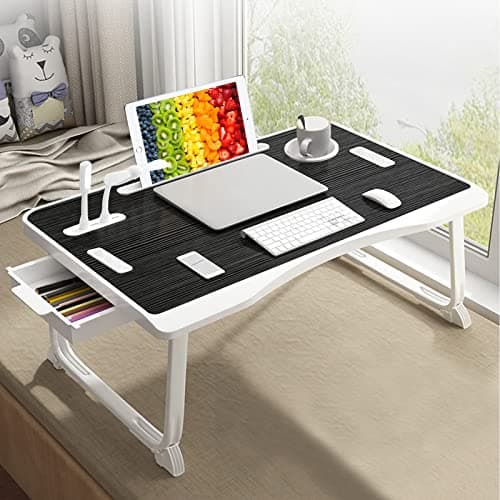 Laptop Bed Table, Lap Desk for Bed, Foldable Laptop Bed Desk with USB Charge Port, Handle, Desktop Card Slot, Cup Slot, Side Drawer, Portable Laptop Table for Bed Eating Reading Working