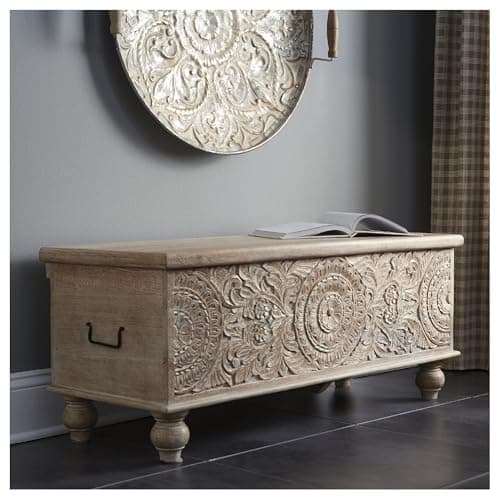 Signature Design by Ashley Fossile Ridge Boho Carved Wood Storage Bench with Hinge Top, Beige 2