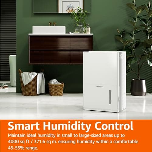 Amazon Basics 50-Pint Large Dehumidifier with Humidity Control, Timer, Auto-Defrost, Overflow Protection, Energy Star Certified, Washable Filter for Rooms up to 4000 SFT, White 8