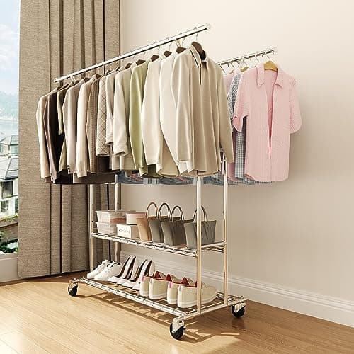 Time Ray Clothes Rack Heavy Duty Clothes Rack Load 630LBs, Clothing Racks for Hanging Clothes, Rolling Clothing Rack Adjustable Commercial Garment Rack with Wheels 6