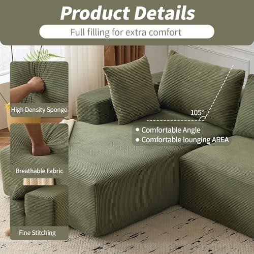 107'' Modular Sectional Sofa, Cloud Sectional Couch with Deep Seat, L-Shape Sofa Couch with Chaise, Convertible Sponge Compression Sofas for Living Room Bedroom, Green 8