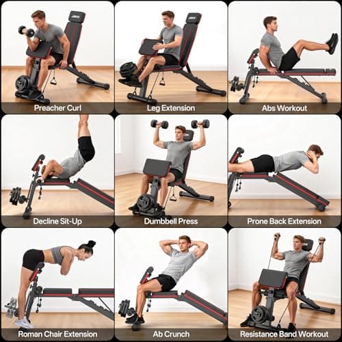 JOROTO Adjustable Weight Bench for Home Gym, 1000 LBS Foldable Incline Decline Flat Workout Bench with Leg Extension & Back Extension, Exercise Preacher Curl Bench for Full Body Training, Red MD55 9