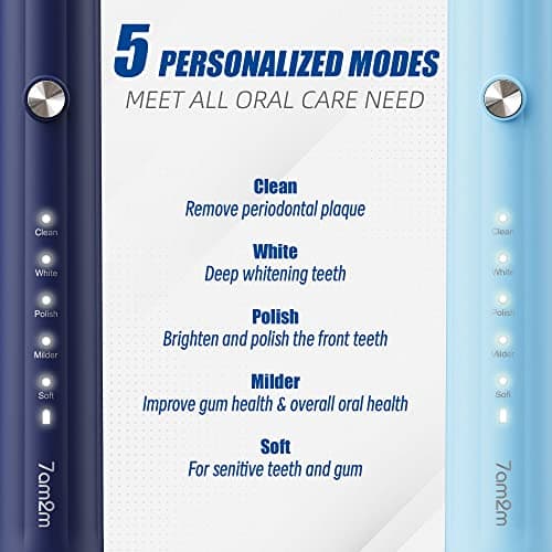 7AM2M Rechargeable Sonic Electric Toothbrush 2 Pack, Soft Toothbrushes for Adults and Kids with 12 Brush Heads, IPX7 One Charge Use for 90 Days, 5 Modes with 2 Minutes Build in Smart Timer 2