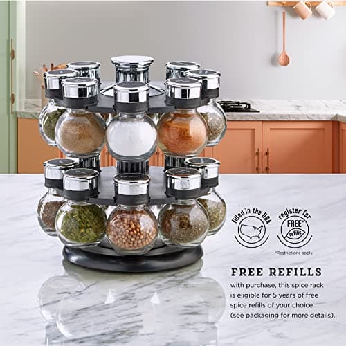 Kamenstein 16 Jar Ellington Revolving Countertop Spice Rack with Lift & Pour Caps and Spices Included, FREE Spice Refills for 5 Years: Black and Chrome 6