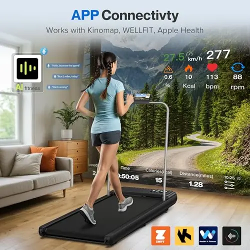 Walking Pad Treadmill with Handle Bar, Under Desk Treadmills for Home Small Office, 5.0 MPH Walking Pads with 10% Incline, Portable Small Jogging Machine Works WELLFIT KINOMAP, Mute Remote Control 5