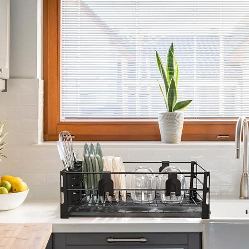 Simple Houseware Dish Drying Rack with Drainboard, Utensil Holder & Mug Hooks, Black Metal Kitchen Counter Organizer 6