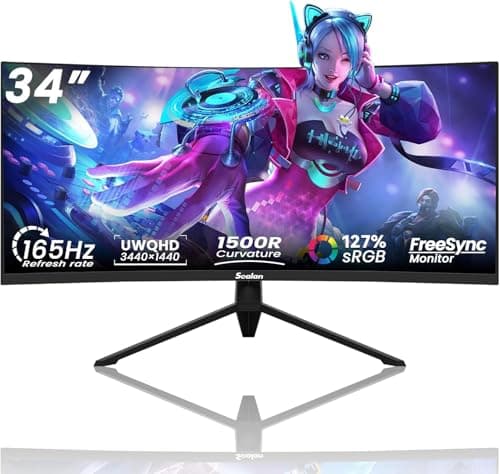 Sealan 34 Inch Curved Gaming Monitor 165Hz,3440x1440 21:9 UWQHD, 1ms(MPRT),1500R, PIP/PBP,HDR400, 127% sRGB,300nits, FreeSync, HDMI2.0(TMDS) x2,DP1.4 x2, Eye Care, VESA(100 * 100mm)