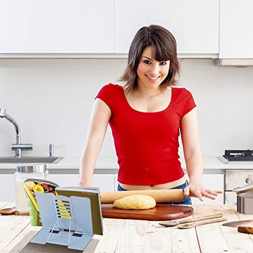 MSDADA Desk Book Stand Metal Reading Rest Book Holder Adjustable Cookbook Documents Holder Bookstands for Recipes Textbook Music Books, the First Day of School Gift for Students, Teachers (Light Blue) 9