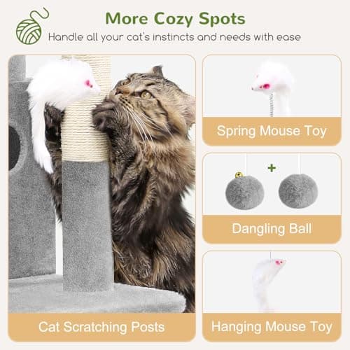 Globlazer Cat Tree Tower for Indoor Cats, 50-inch Adult Cat Tree House for Large Adult Cats with Steps, Scratching Post, 2 Cat Caves, Dangling Toys, FC50, Light Grey 5