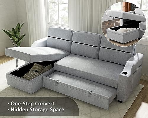 Ucloveria Sectional Sofa Couch, 82" Sleeper Sofa Bed with Reversible Storage Chaise Pull Out Couch for Living Room | Side Pocket | Cup Holders | Removable Backrest | Linen Fabric, Light Grey 6
