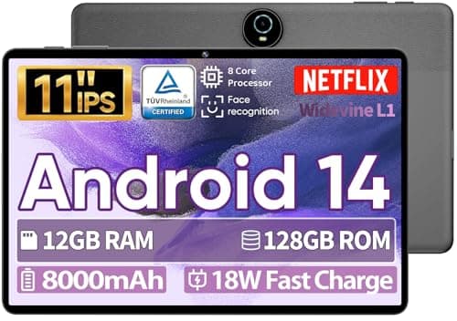 JIKOCXN 11'' Android 14 Tablet for Streaming & Work, 12GB+128GB, 1TB Expandable, Widevine L1 Certified, 8-Core Unisoc T606, 5G WiFi, 8000mAh Fast-Charge Battery, Face Unlock