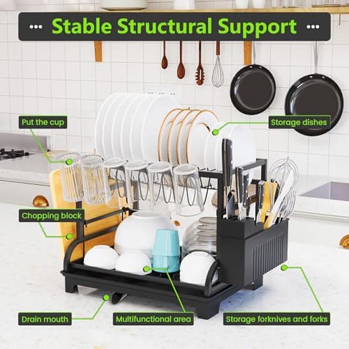 HomeCurated 2-Tier Foldable Dish Drying Rack with Drainboard, Stainless Steel Large Capacity Kitchen Counter Organizer with Cup Holder, Utensil & Cutting Board Storage, No Assembly Required, Black 5