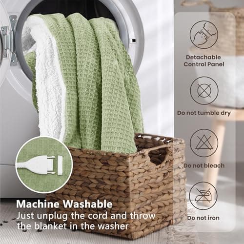 blunique Heated Blanket Electric Throw Waffle, 50x60 Inches Sherpa Fleece Fast Heating Blanket 6 Heating Levels & 4 Hours Auto Off ETL Certification, Sage Throw 9