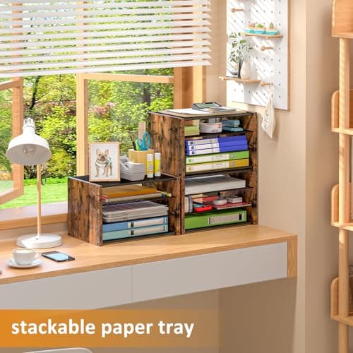 3-Tier Paper Letter Tray, Wooden Desk File Organizer, Stackable Metal Mesh Desk Organizer for Office Supplies. Small Paper Trays for Home Office School, Rustic Brown 7