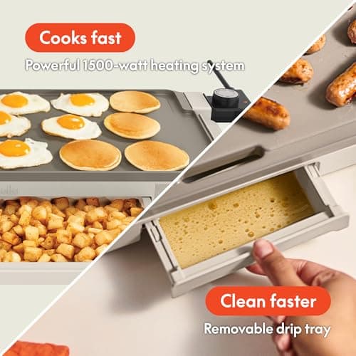 bella 10" x 20" Electric Griddle with Warming Tray, EverGood™ Ceramic Nonstick Coating & Removable Temperature Probe, Dishwasher-Safe Drip Tray & Cool Touch Handles, 1500 Watt, Oatmilk 6