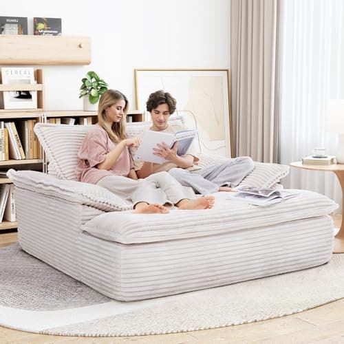 LIKIMIO 59''W Oversized Chaise Lounge Chair Sofa Bed - Plush Corduroy Upholstered Reading Chair, Cloud Couch for Living Room, No Assembly (Beige)
