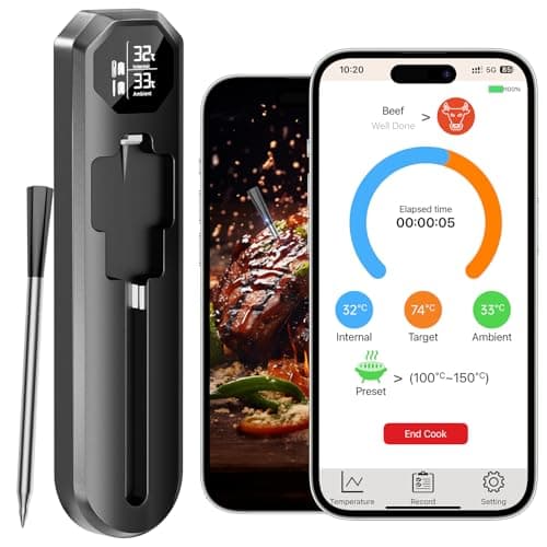 Bluetooth Wireless Meat Thermometer Digital with Smart App, 527°F Heat Resistant Probe, IP67 Waterproof, Ultra-Thin Probe, Food Thermometer for BBQ, Oven, Grill, Air Fryer and Smoking