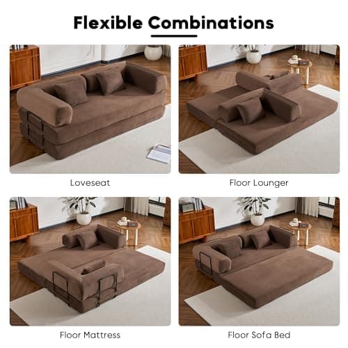 ZEIINPA Convertible Folding Couch Bed, Comfy Corduroy Sleeper Floor Sofa Bed with Fixed-Shape Frame, Floor Sofa with Armrest, Lounge Couch for Living Room Bedroom Lounge Studio, Dark Brown 5
