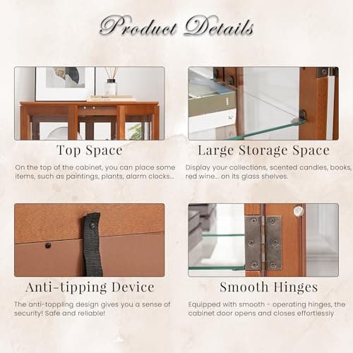 44" Small Lighted Glass Accent Curio Cabinet, Vintage China Cage with 2 Tempered Glass Doors & Adjustable Shelves, Acrylic Mirrored Pane, Elegant Wine Artwork Showcase Rack for Living Room (Dark Oak) 7