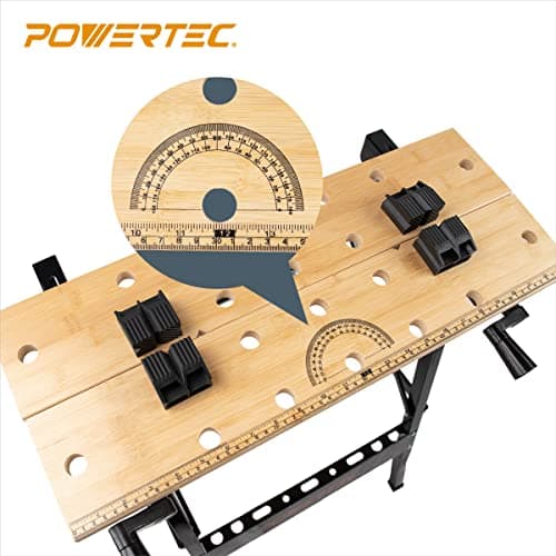 POWERTEC Portable Small Workbench with Vise, Imprinted Ruler and Protractor Scale, Folding Sawhorse/Worktable and 4 Bench Dogs for Woodworking Projects (MT4006V) 6
