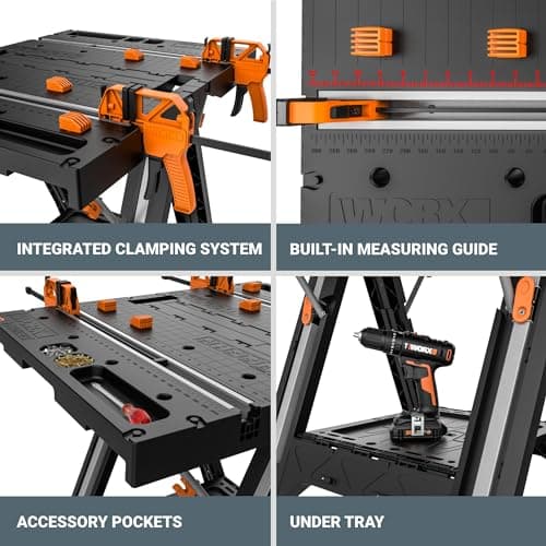Worx Pegasus 2-in-1 Folding Work Table & Sawhorse, Easy Setup Portable Workbench, 31" W x 25" D x 32" H Lightweight Worktable with Heavy-Duty Load Capacity, WX051 - Includes 2 Clamps & 4 Clamp Dogs 7