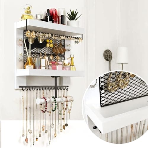Pinzoveco Hanging Jewelry Organizer Wall Mounted With Wall Jewelry Organizer Holder For Necklaces Bracelet Earrings Ring (White) 6