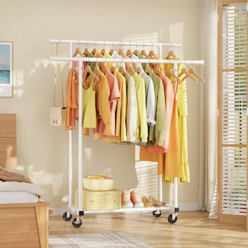 HYSEYY Double Rods Clothes Rack, Rolling Clothing Rack for Hanging Clothes Portable Wardrobe Rack, Metal Garment Rack Sturdy Coat Rack for Bedroom Laundry Living Room, White 8