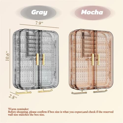 Qryval Wall Mounted Jewelry Organizer, No Punching Installation, Hanging Jewelry Organizer Box and Storage Case, Necklace Earring Holder Organizer Wall for Women Teen Girls (Gray Gold) 2