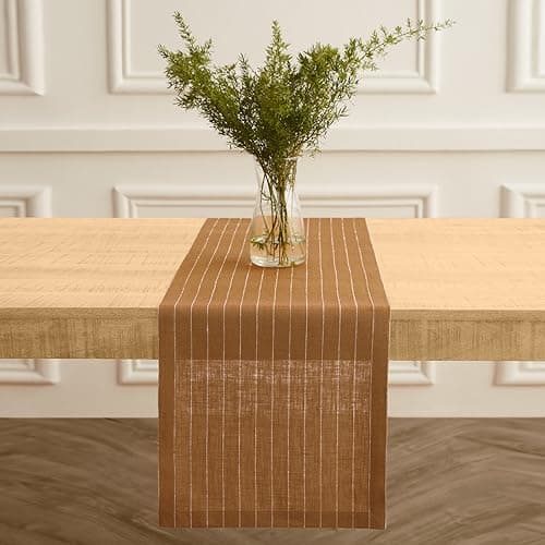Solino Home Linen Table Runner 36 Inches - Pinstripe 100% Pure Linen Camel and White Table Runner 14 x 36 Inch Ideal for Dresser and Coffee Tables