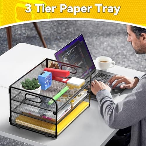MINDEPOT 3 Tier Paper Organizer Tray with Handle, Mesh Letter Tray for Office, Home, School (1 Pack), Black 7