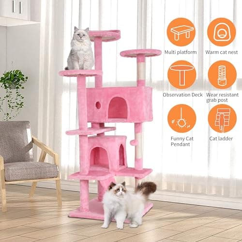 BestPet | 54" Cat Tree Tower | Pink | Sturdy, Easy to Assemble, Multi-Level Activity Center with Sisal Scratching Posts, Condos, Perches, Hanging Cat Toys, Observation Decks & Ladder 5