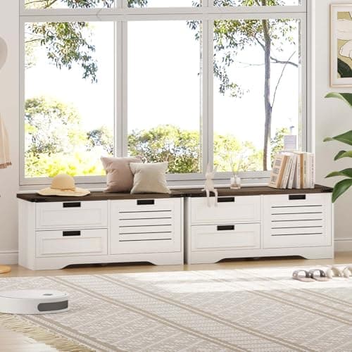 FATORRI Shoe Storage Bench with Flip Drawer, Wooden Entryway Bench, Modern Shoe Cabinet with Removable Drawers for Hallway, Living Room (Walnut Brown & White Oak) 7