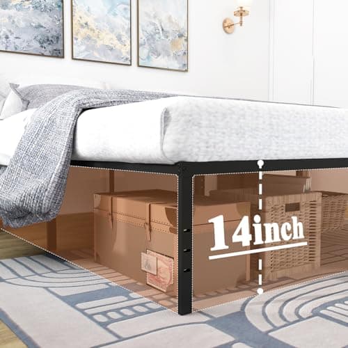 Caplisave Queen Bed Frame Metal Platform, Max 3500lbs Heavy Duty Metal Slat Support,14 Inch High Underbed Storage Bed Frames Queen Size，Easy Assembly，No Box Spring Needed，Black 6