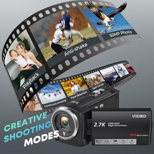 Gcasio 2.7K Video Camera Camcorder QHD 56MP YouTube Vlogging Camera Webcam 16X Digital Zoom with 32G SD Card 270 Degree Rotation Screen Camcorders and 2 Batteries Recording While Charging 5