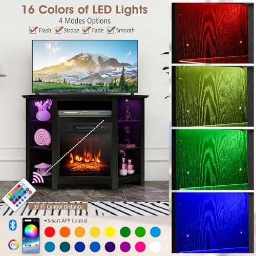 GOFLAME Corner Fireplace TV Stand with LED Lights for TVs up to 50”, Modern Entertainment Center with Electric Fireplace, Remote & Smart APP Control, TV Console with Adjustable Glass Shelves, Black 2