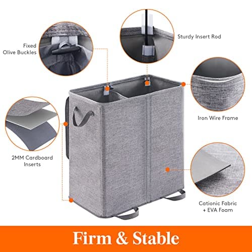 Lifewit Double Laundry Hamper with Lid and Removable Laundry Bags, Large Collapsible 2 Dividers Dirty Clothes Basket with Handles for Bedroom, Laundry Room, Closet, Bathroom, College, 136L Gray 2