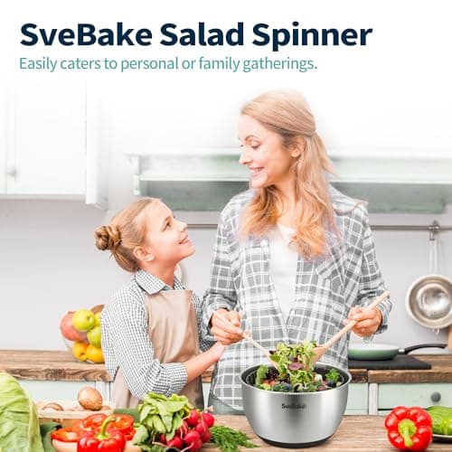 SveBake Stainless Steel Salad Spinner, 4.8 Qt Vegetable Washer, BPA-Free Lettuce Dryer with Crank Design, Dishwasher Safe, Non-Slip Base - Transparent Lid 8
