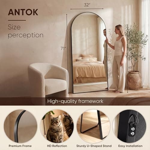 Antok 71" x32” Arched Full Length Floor Mirror, Black Aluminum Frame, Free Standing/Wall Mount/Leaning for Bedroom, Living Room, Dressing Room 3
