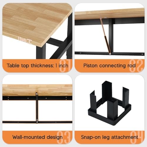 SPECRAFT 60" Folding Workbench, Adjustable Foldable Workbench with 2000 LBS Capacity, 30.7"-40" Height, Rubber Wood Top for Garage, Workshop, Office 7