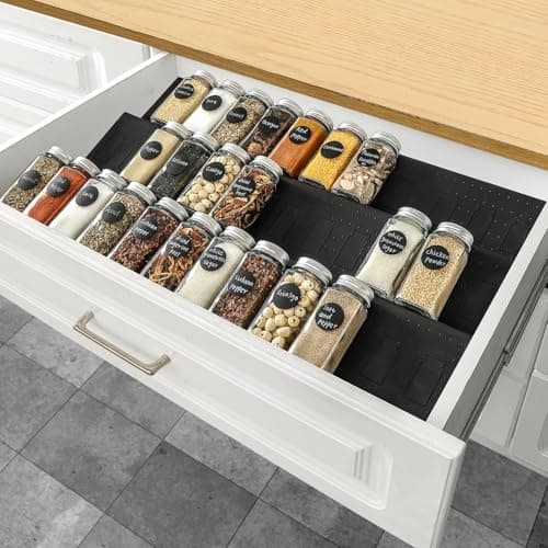 Famhap Spice Drawer Organizer, 6 Pack Drawer Seasoning Organizer Expandable from 11.6" to 23.2" Seasoning Rack Tray Insert for Kitchen Drawers, Spice Rack Tray for Drawer/Countertop (Black) 7
