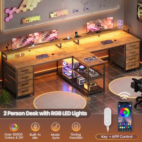 SEDETA 94.5" 2 Person Gaming Desk, Long Office Computer Desk with 8 Drawers & LED Lights, Two Person Desk with Storage, Power Strip & Monitor Stand for Home Office, Rustic Brown 5