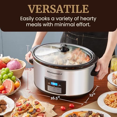 Elite Gourmet MST-900D 8.5Qt Digital Programmable XL Jumbo Slow Cooker, Adjustable Temp, Entrees, Sauces, Stews & Dips, Dishwasher Safe Glass Lid & Crock, Stainless Steel 7
