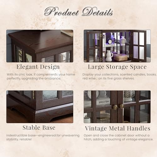 CKEASEAN 32" H LED Accent Curio Cabinet with 7 Color Lights for Collectibles, Modern Storage Cabinet with Tempered Glass Doors, Sideboard Buffet Case with Smartphone-Controlled Lights (Dark Cherry) 7