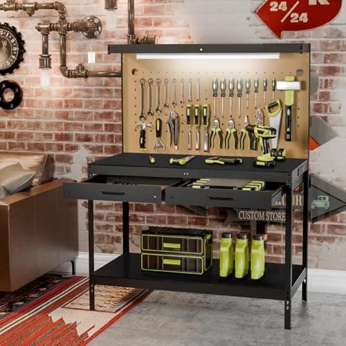 Work Bench, Workbench with Power Outlets and Light, A3 Steel Work Table with Drawers Pegboard, 600LBS Capacity Garage Workbench, Work Benches for Garage Workshop Basement 7