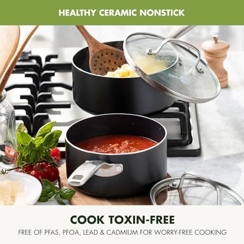 GreenPan Prime Chatham 1QT & 2QT Saucepan Pot Set with Glass Lids, Hard Anodized Diamond Infused Ceramic Nonstick, PFAS-Free, Dishwasher Safe, Oven Safe, Multipurpose Chefs Pan, Stay-Cool Handle,Black 2