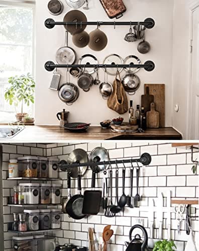 Bailoo Industrial Pipe Pot Pan Rack 21" (2 Pack), Wall mount Pot hangers Pan Hanging Rail Lid Hanger for kitchen with 10 S Hooks 7