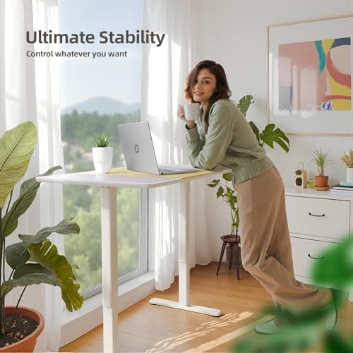 INNOVAR Glass Standing Desk, 48 x 24 Inches Height-Adjustable Desk, Tempered Glass and Wooden Top, Quick Install Home Office Stand Up Desk with 4 Presets, White Glass and Natural Wood 7